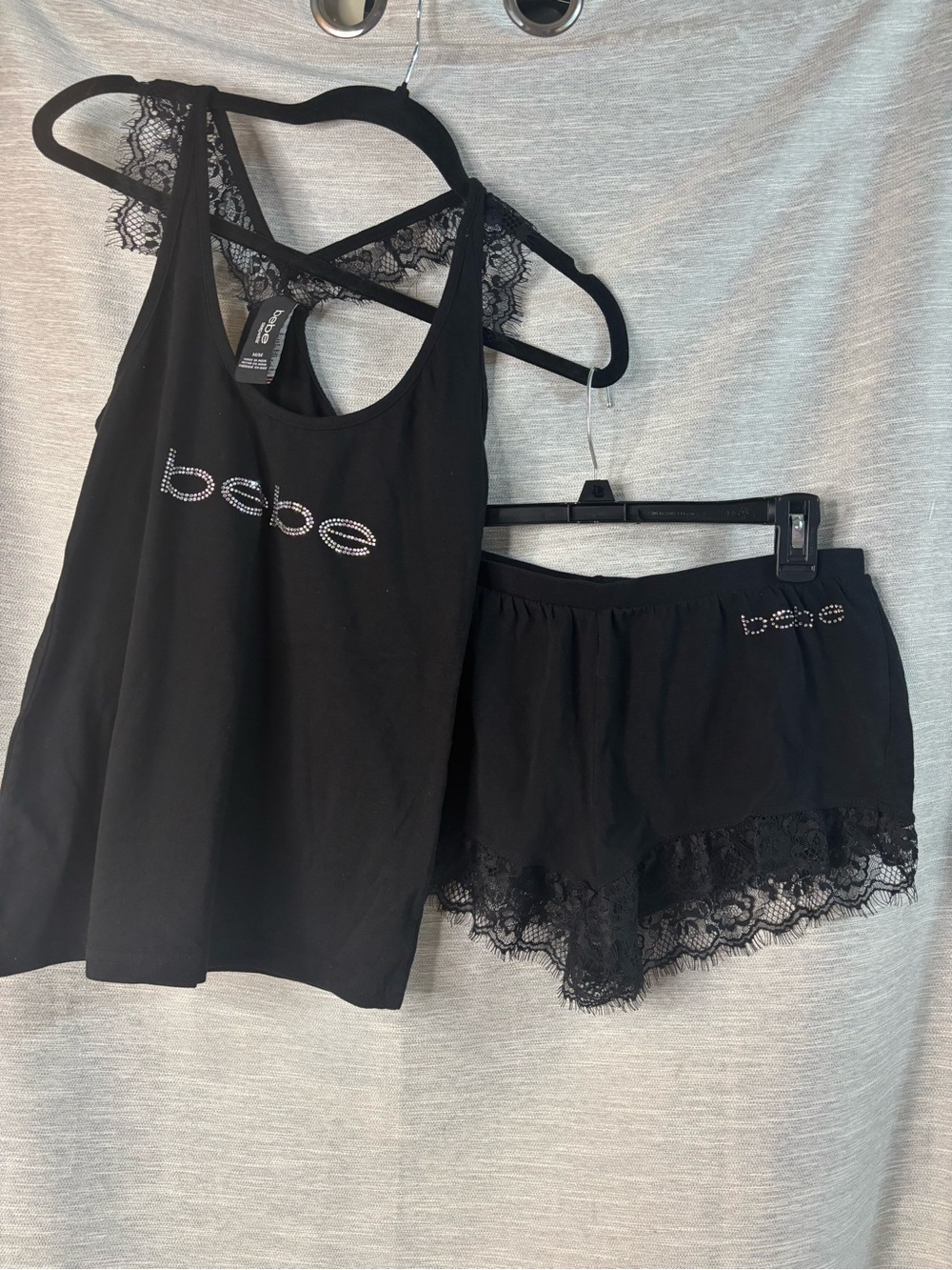 bebe Black Lace-Trim Tank & Short Sleep Set with Rhinestone Logo